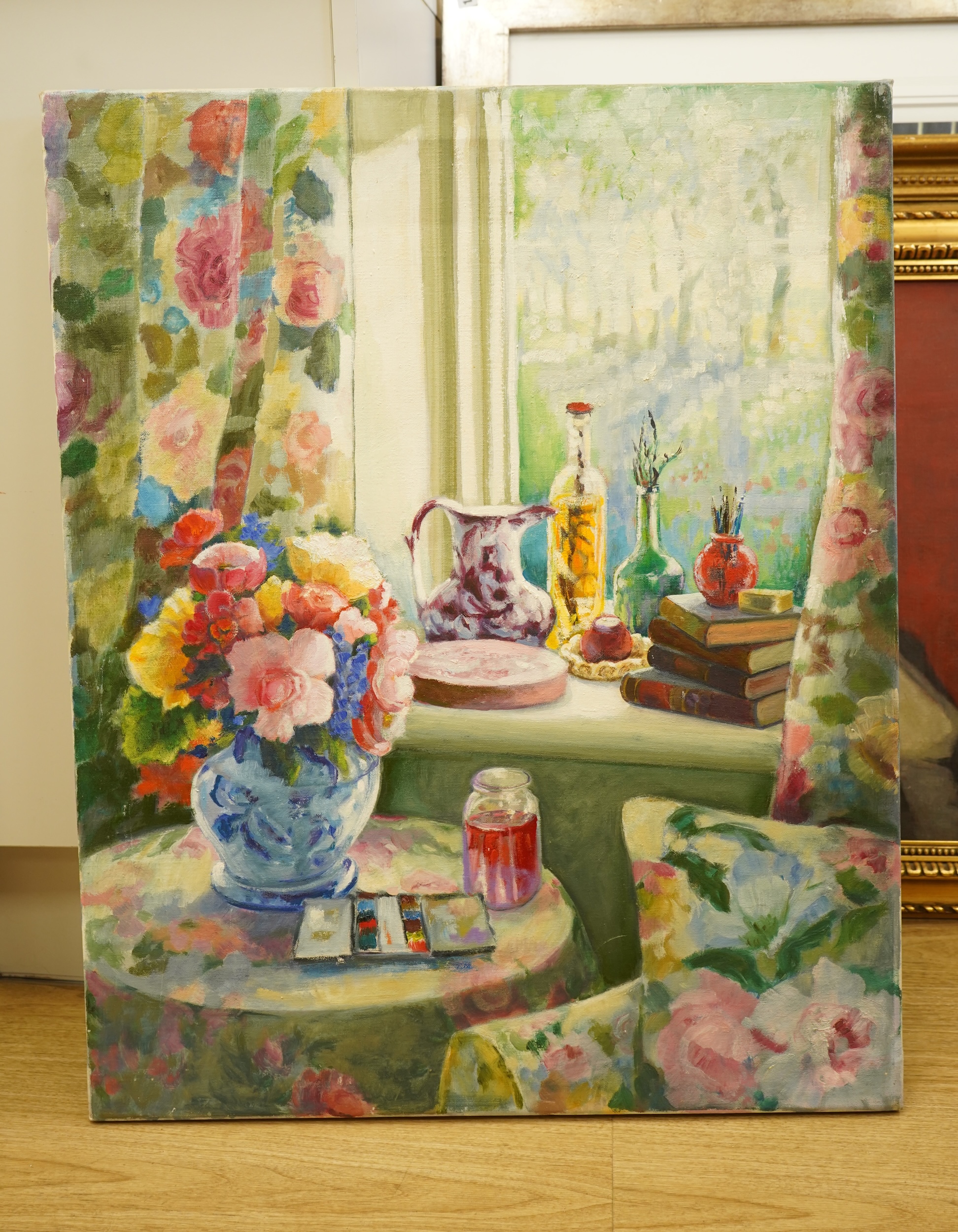 Attributed to Thelma Tinker (20th. C), Interior scene with still life of flowers and vessels, unsigned, oil on canvas, unframed, 76 x 61cm